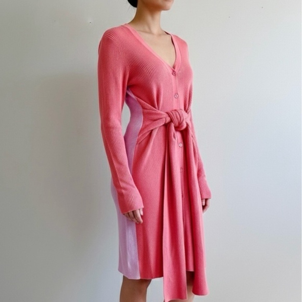 TOME NYC Pink Ribbed Merino Wool Color Block Cardigan Sweater Dress